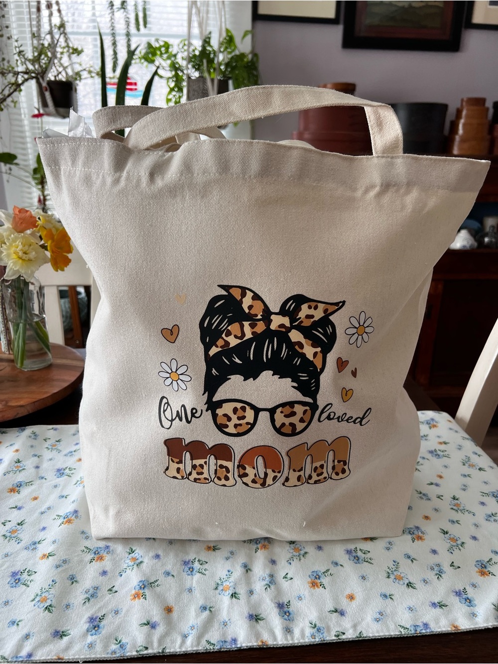 One Loved Mom Beige Canvas Tote Bag with Leopard Accent